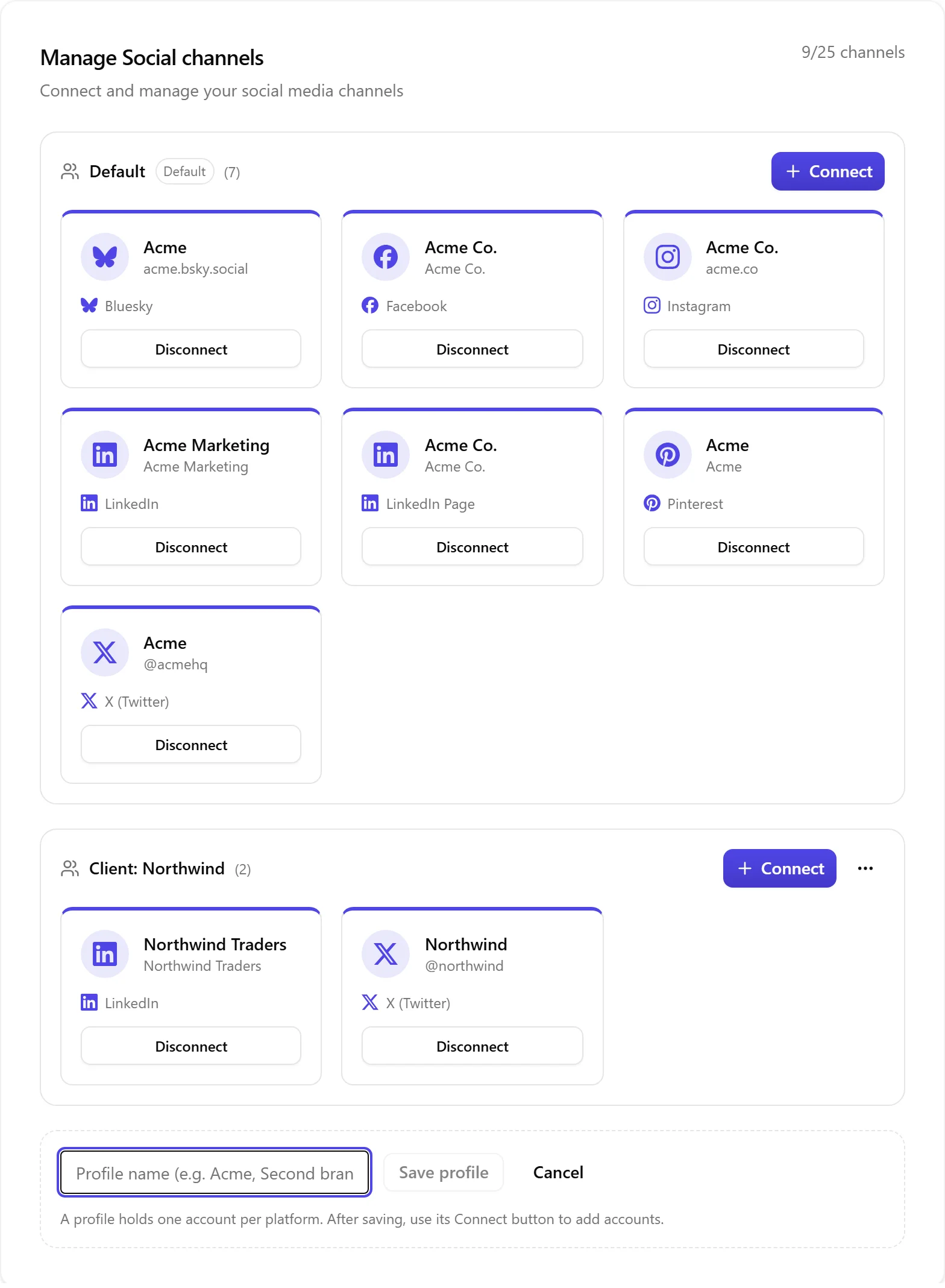 The Add profile form at the bottom of the Social Channels section, with a name field and a Save profile button.