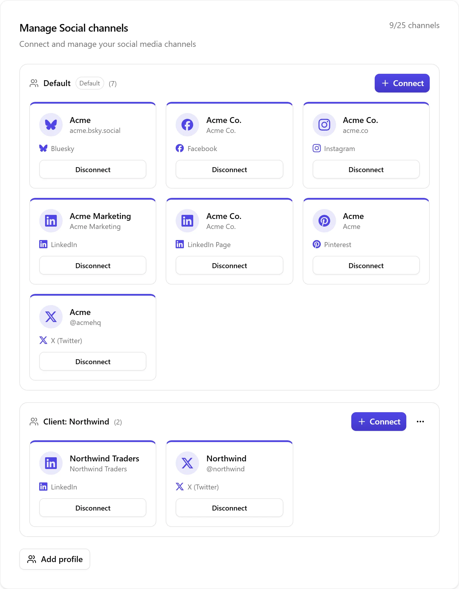 The Social Channels settings section, showing connected accounts grouped by profile with a Connect button on each profile and an Add profile button below.