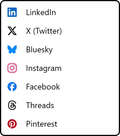 The Connect platform picker, listing LinkedIn, X (Twitter), Bluesky, Instagram, Facebook, Threads, and Pinterest.