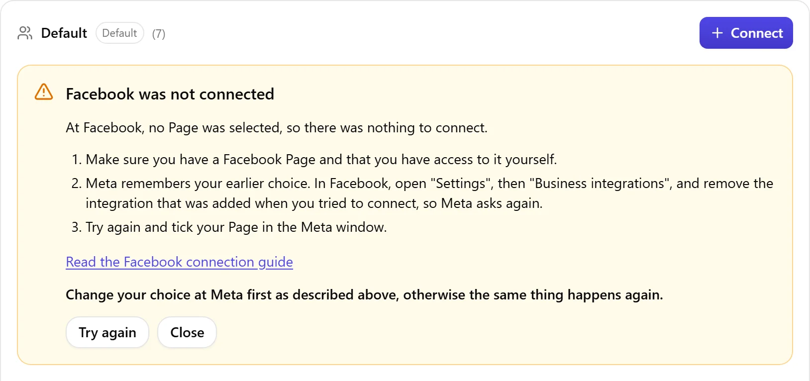 The Nolorem result block shown when Facebook was not connected, with the list of causes to check and a Try again button.
