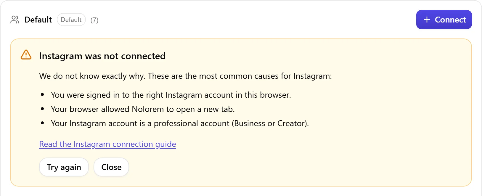 The Nolorem result block shown when Instagram was not connected, with the list of causes to check and a Try again button.