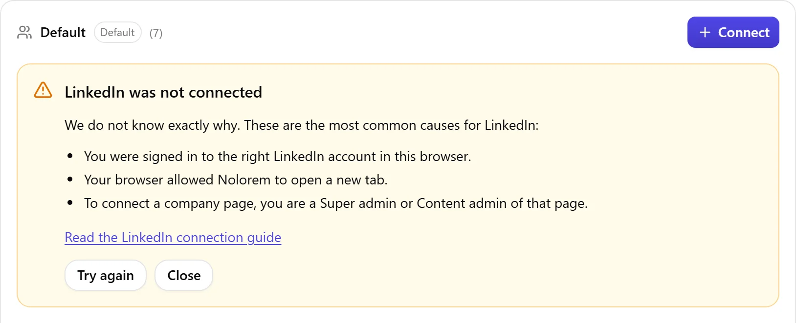 The Nolorem result block shown when LinkedIn was not connected, with the list of causes to check and a Try again button.