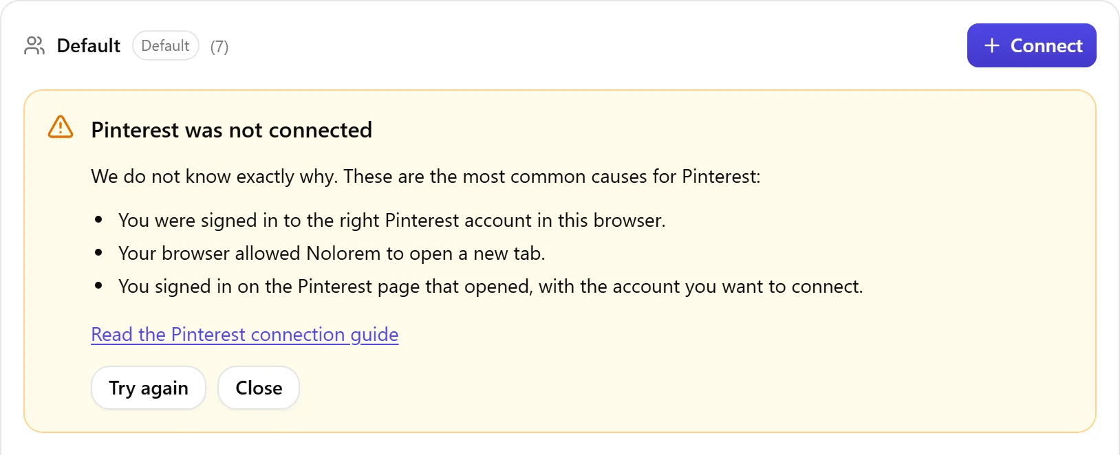 The Nolorem result block shown when Pinterest was not connected, with the list of causes to check and a Try again button.