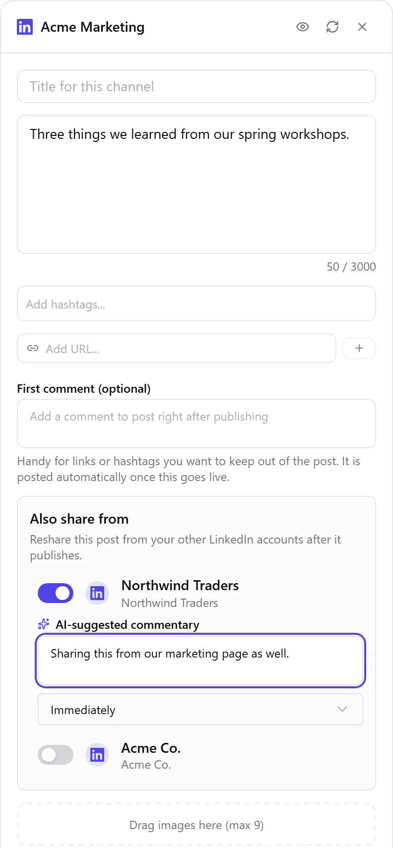 Una scheda LinkedIn nel compositore con la sezione Condividi anche da aperta, che mostra un account attivato con un campo di commento suggerito dall'IA modificabile e un menu a tendina del ritardo di ricondivisione impostato su Immediatamente.